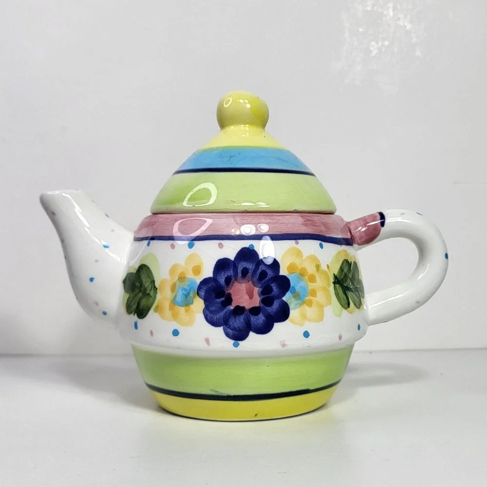Bella Casa by Ganz Ceramic Teapot Hand Painted Floral Stripes Polka Dot Colorful